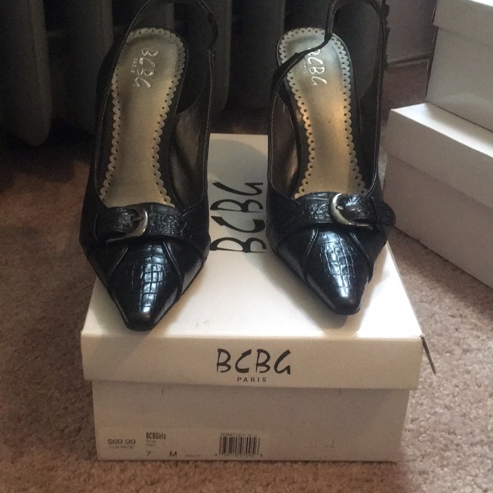 BCBG black leather heels